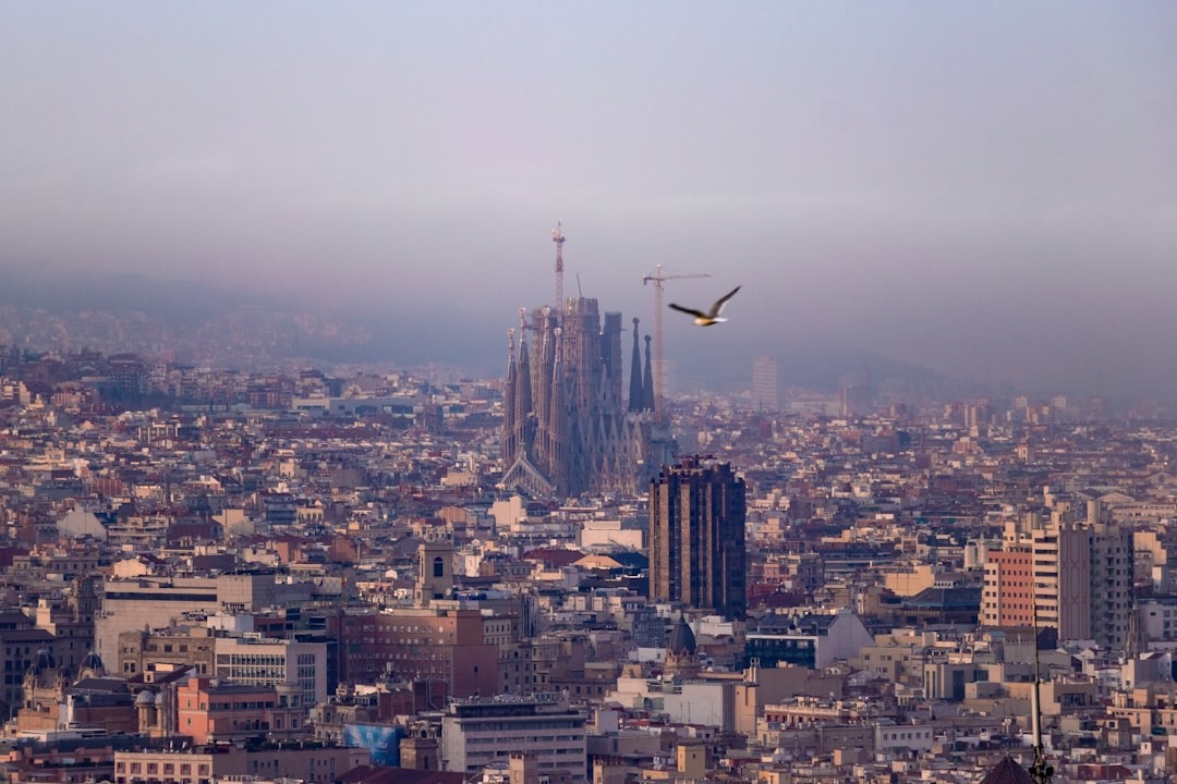 Construction cranes surround the Sagrada Familia in a dense city.