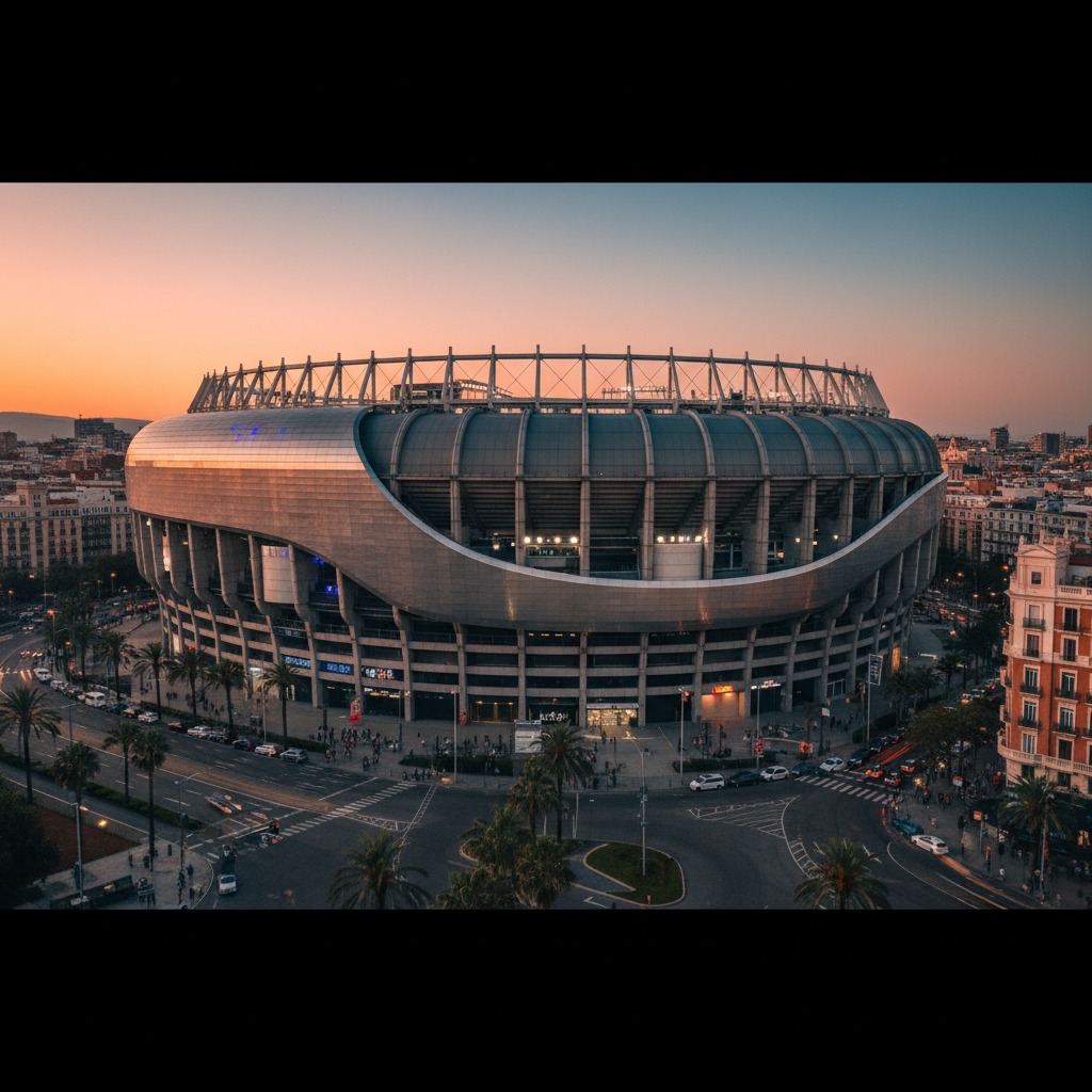 Vista aérea del Estadio Santiago Bernabéu en Madrid durante el atardecer.