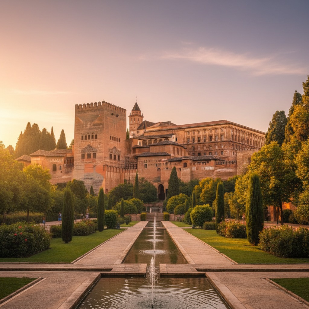 Vista de la Alhambra de Granada con sus jardines y fuentes durante el atardecer.